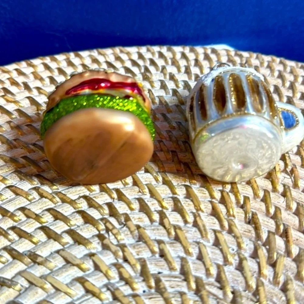 Vintage Handblown & Hand painted Beer & Cheeseburger Christmas Ornaments